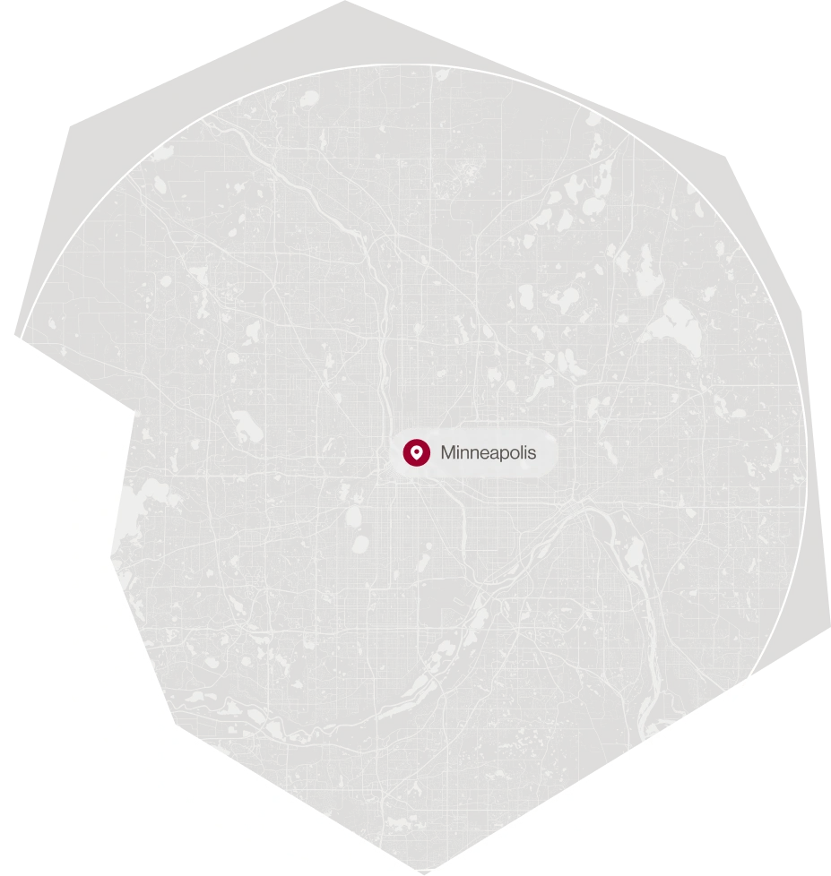 Map of the Twin Cities metro service area centered on Minneapolis