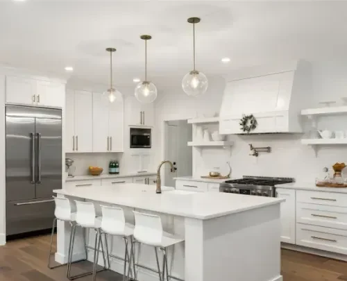 White kitchen remodel with island seating
