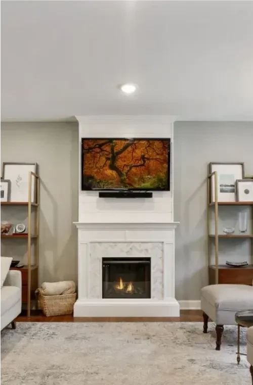 Whole house renovation living room with custom fireplace